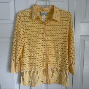 Alfred Dunner Womens Semi Sheer Yellow Cutout Polka Dot Top Sz PM Cottagecore